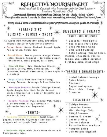 Stylized wellness juice and plant-based dessert menu featuring sections for healing sips, elixirs, juices & shots (example blends like Garnet Roots, Emerald Heart, Amethyst Dreams), plus desserts & treats, toppers & enhancements, and bliss balls — decorative star accents and vintage corner flourishes.