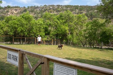 Fenced grassy dog park beneath a rocky hillside, an adult in a cap watches a small brown dog playfully run across the field, wooden gate with a Dog Park sign and lush green trees in the background.