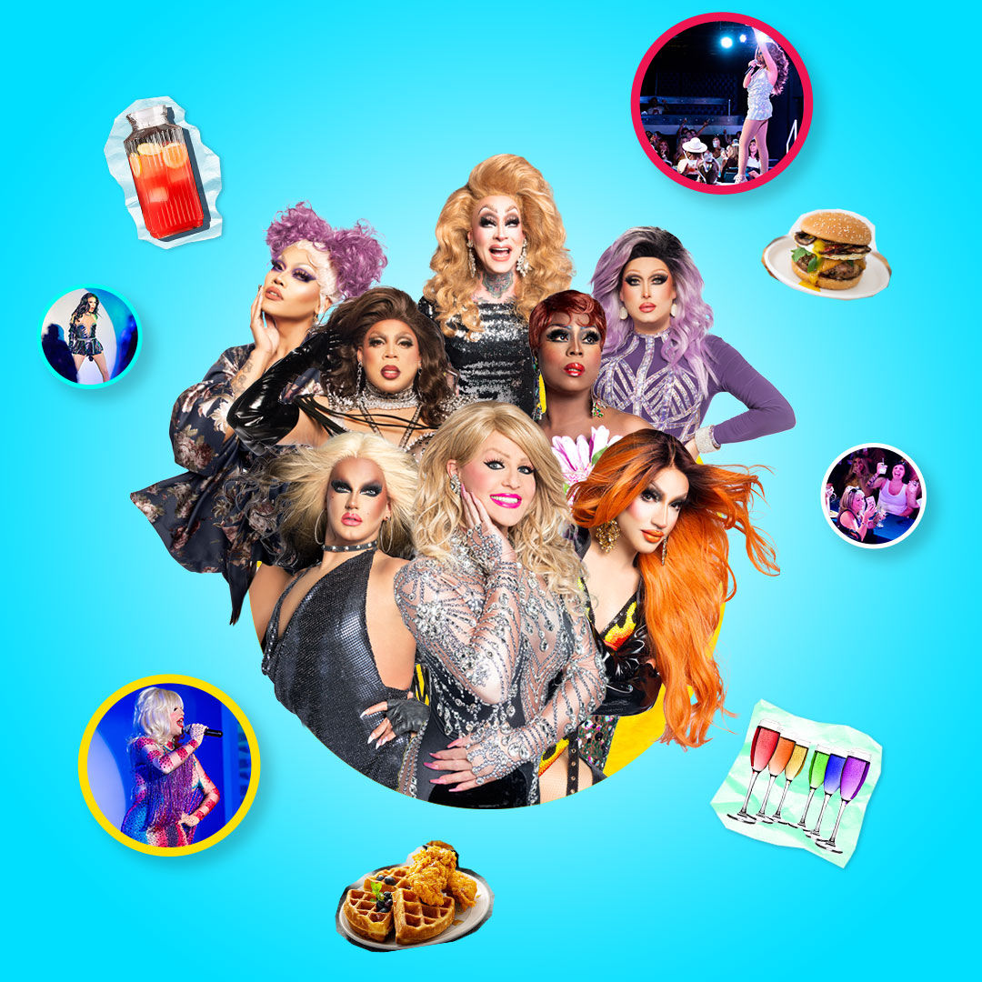 Vibrant promo image of drag performers in glittery costumes on a bright blue background, framed by stage photos and stickers of brunch food, burgers, waffles and rainbow cocktails.