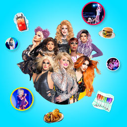 Vibrant promo image of drag performers in glittery costumes on a bright blue background, framed by stage photos and stickers of brunch food, burgers, waffles and rainbow cocktails.