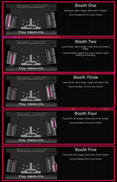 Theater seating map showing a central stage, bar and lobby at the top, and five highlighted booths (Booth One–Booth Five) arrayed left and right with notes on top/lower placement, view of the stage, and capacities ranging about 6–14 people.