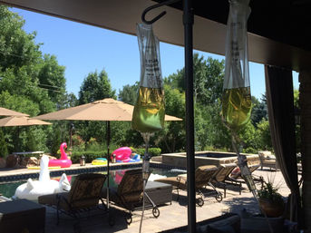 Two IV fluid bags hanging from a patio stand overlooking a sunny backyard pool patio with lounge chairs, beige umbrellas and colorful inflatable swan and flamingo.