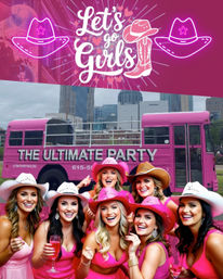 Smiling group of women in pink dresses and cowboy hats celebrating a bachelorette/girls' night in front of a bright pink party bus and urban downtown skyline with a “Let’s Go Girls” banner.