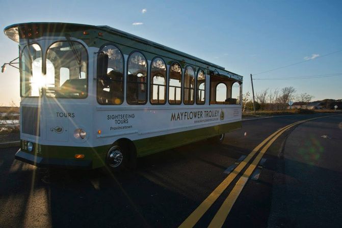 Green-and-white vintage sightseeing trolley parked on a coastal road at sunset, sun flare through front windows and double yellow lines
