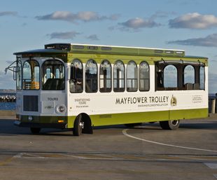 Classic green-and-white sightseeing trolley with arched windows parked on a coastal waterfront promenade by the harbor under a blue sky.