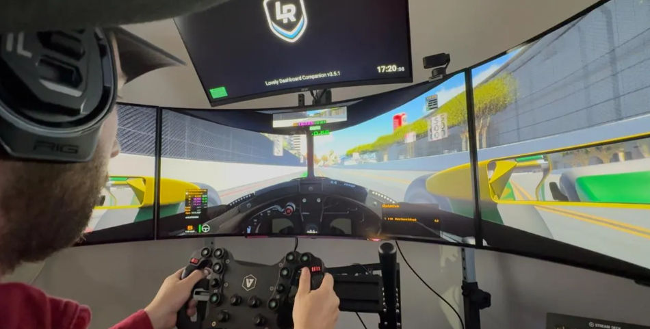Person in a home sim racing cockpit with triple curved monitors, gaming headset and force-feedback racing wheel showing an open-wheel race track