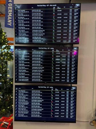 Three stacked monitors displaying Red Bull Ring GP digital leaderboards with lap times and car models (Audi R8, Lamborghini Huracan), mounted next to a decorated Christmas tree and a vertical “Germany” banner.