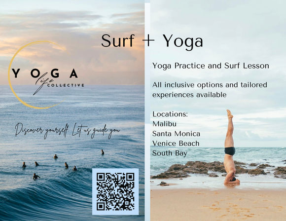 Surf and yoga retreat flyer: left panel shows surfers paddling on a calm sunset ocean with a circular logo and QR code; right panel features a person doing a headstand on a rocky sandy beach. Text highlights yoga practice and surf lessons and lists locations: Malibu, Santa Monica, Venice Beach, South Bay.