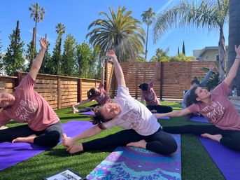 Women in matching pink shirts doing seated side-stretch yoga on colorful mats on a sunlit lawn with palm trees and a wooden fence.