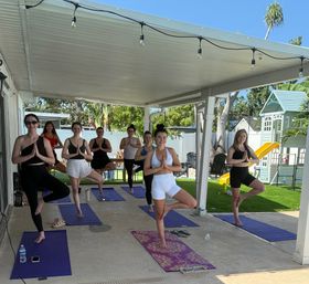 Group of women practicing yoga in tree pose on mats under a covered backyard patio, sunny suburban yard with palm trees, string lights and a children’s playset with slide.