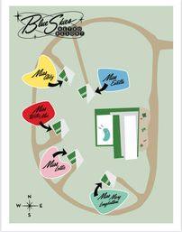 Stylized retro resort map with colorful labeled cottages—yellow 'Miss Abby', blue 'Miss Estella', red 'Miss Willie Mae', pink 'Miss Lottie' and teal 'Miss Mary Longbottom'—arranged around a central building with a pool, connected by a looping path and a north compass.