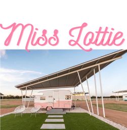 Pink retro camper sheltered by a slanted metal carport at a glamping-style site, two white outdoor chairs on green turf with concrete stepping stones and a pastel sky