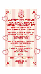 Valentine’s-themed flyer for a mini photo shoot and content creation day: 15–20 min sessions with on-site photographer, 10 digital images in front of a retro pink trailer, property access, champagne and light bites. $165 • Feb 11 • 10AM–6PM • link to book in bio.
