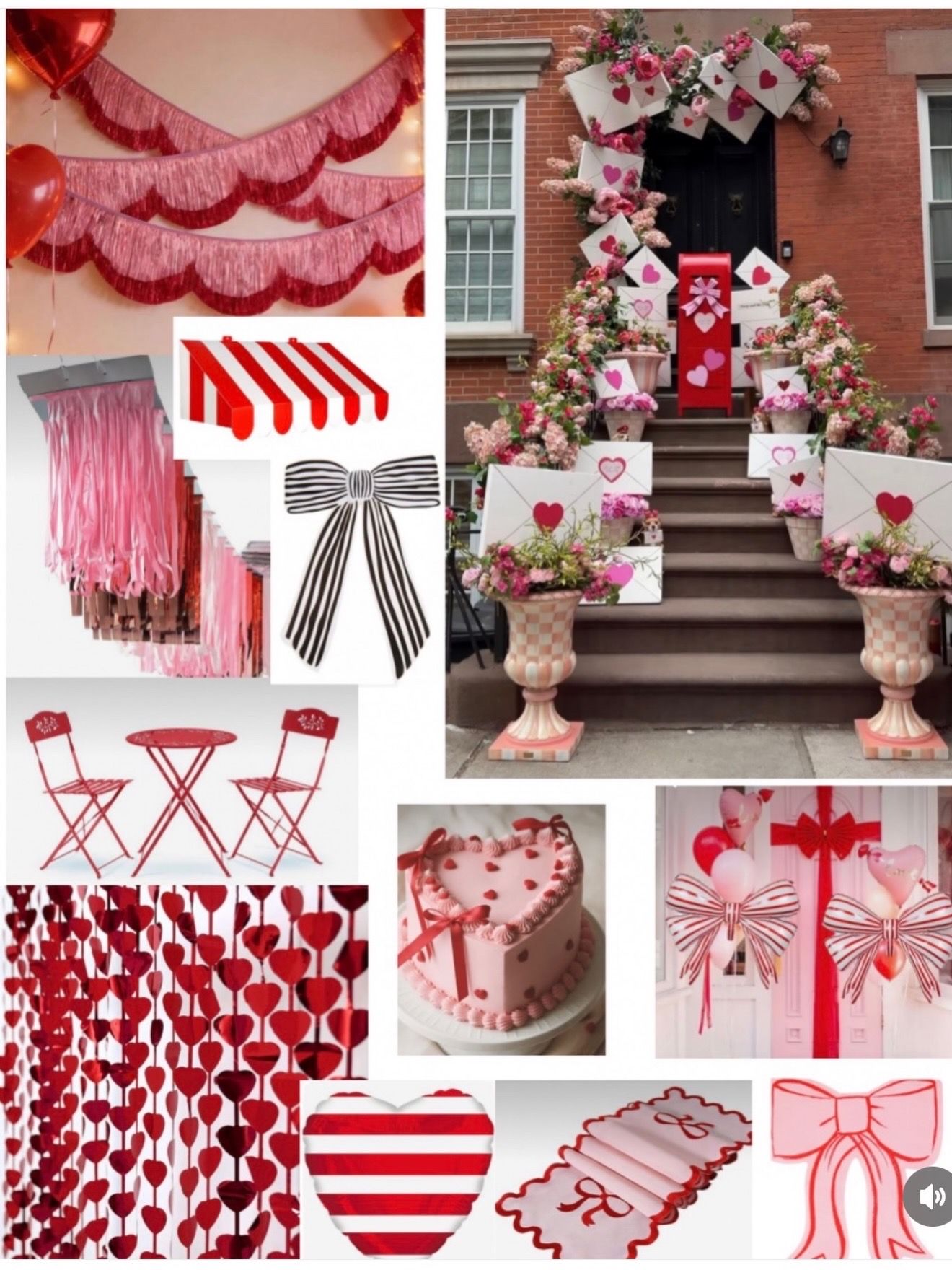 Collage of Valentine’s Day decorations: pink and red heart garlands, striped bows, heart-shaped cake, bistro set and an urban brownstone stoop lined with floral arrangements, oversized love letters and a red mailbox.