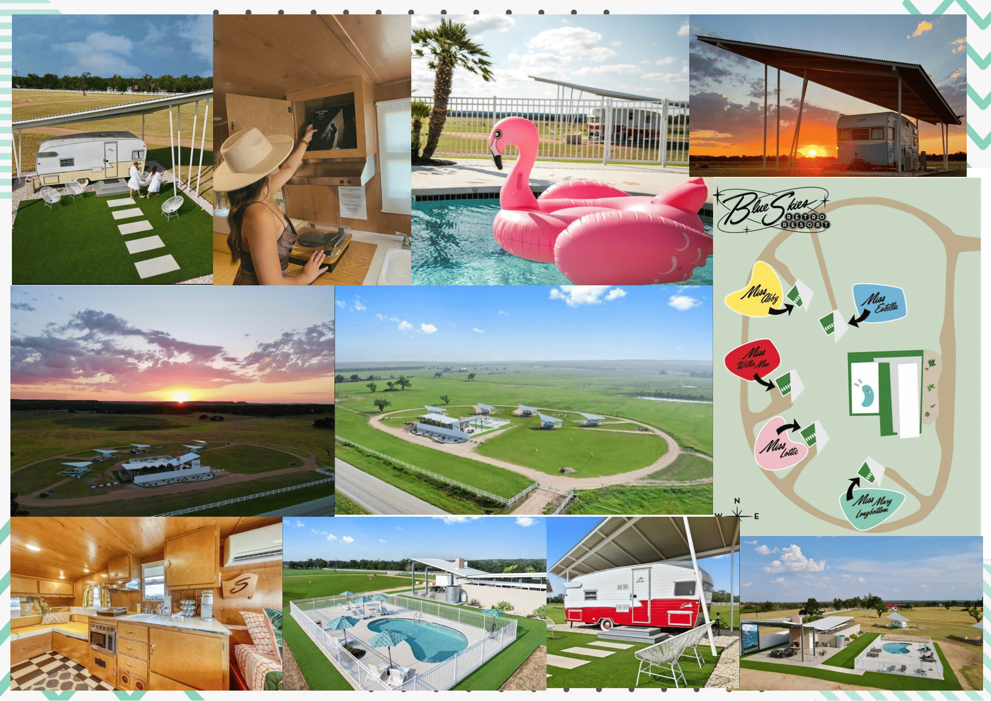 Collage of a rural glamping campground: aerial sunset views, vintage caravans and covered RV sites, retro trailer interior, fenced pool with pink flamingo float, and site map.