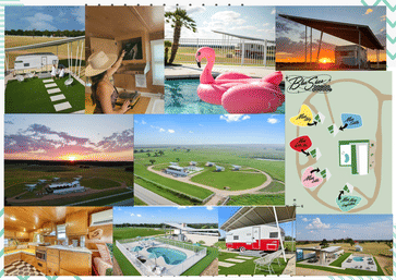 Collage of a rural glamping campground: aerial sunset views, vintage caravans and covered RV sites, retro trailer interior, fenced pool with pink flamingo float, and site map.
