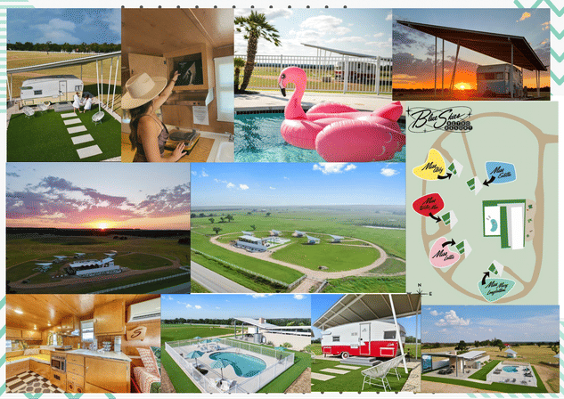 Collage of a countryside glamping retreat featuring retro caravans and covered RV pads, aerial ranch views and sunset, outdoor pool with a pink flamingo float, vintage caravan kitchen, grassy patios and site map.