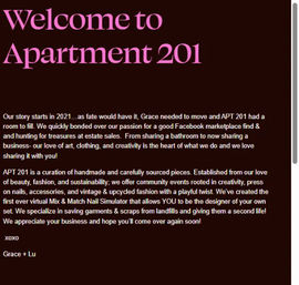 Website about page for an online boutique: dark background with a large pink welcome headline and two tilted black-and-white photobooth strips showing two people making playful faces in multiple frames.