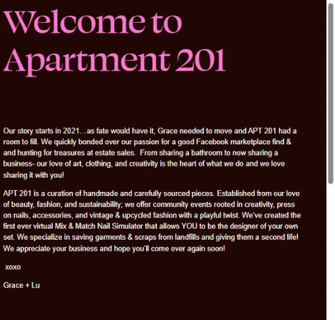 Website about page for an online boutique: dark background with a large pink welcome headline and two tilted black-and-white photobooth strips showing two people making playful faces in multiple frames.