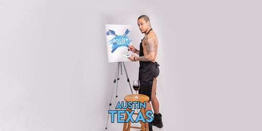 Tattooed artist in an apron painting at an easel with a glass of red wine on a stool — wine-and-paint scene in Austin, Texas