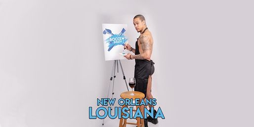 Tattooed man in a black apron painting at an easel with a wine glass on a stool, promotional paint-and-sip scene labeled New Orleans, Louisiana