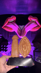 Hand holding two brown novelty sculptures — one phallic and one vulva-shaped — on a black display, set against a neon pink lips mural and purple-lit indoor art space.