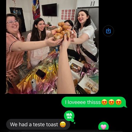 Screenshot of friends in a living-room celebration clinking cream puffs over a shimmery party table with drinks and pastry boxes, one person wearing a veil and sash and everyone smiling.