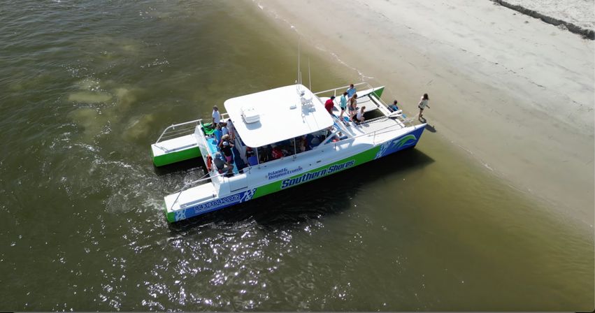 Aerial view of a green-and-white catamaran tour boat beached at a sandy shoreline with passengers boarding and disembarking in shallow coastal water.