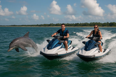Two people riding blue-and-white jet skis across turquoise coastal waters near a tree-lined shoreline, smiling as a bottlenose dolphin leaps beside them under a sunny sky.