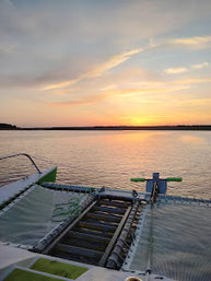 Serene sunset over calm coastal waters viewed from a catamaran trampoline and stern platform, pastel sky reflecting on the water.