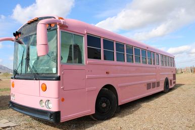Whimsical pink school bus parked in a dry open field with distant mountains under a sunny blue sky