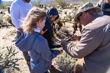 Desert field trip: an instructor in a sun hat uses a tool to inspect a cactus while two children watch among cholla and desert plants.