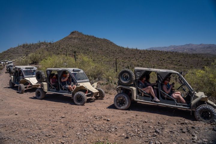 Line of off-road UTV buggies on a dusty trail through saguaro-studded Sonoran Desert hills in Arizona, passengers enjoying a scenic ride under a clear blue sky