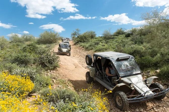 Two off-road UTVs driving single-file on a rocky desert trail lined with yellow wildflowers and scrub under a bright blue sky