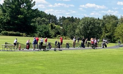 Row of golfers practicing swings at an outdoor driving range on a sunny day, with green turf, golf bags, benches and trees in the background.