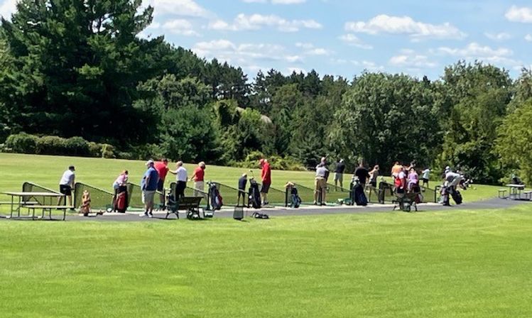 Row of golfers practicing swings at an outdoor driving range on a sunny day, with green turf, golf bags, benches and trees in the background.