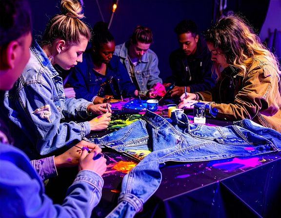 Group of young adults at an indoor art workshop painting denim jackets with bright neon paints and splatters on a cluttered table under colorful studio lighting