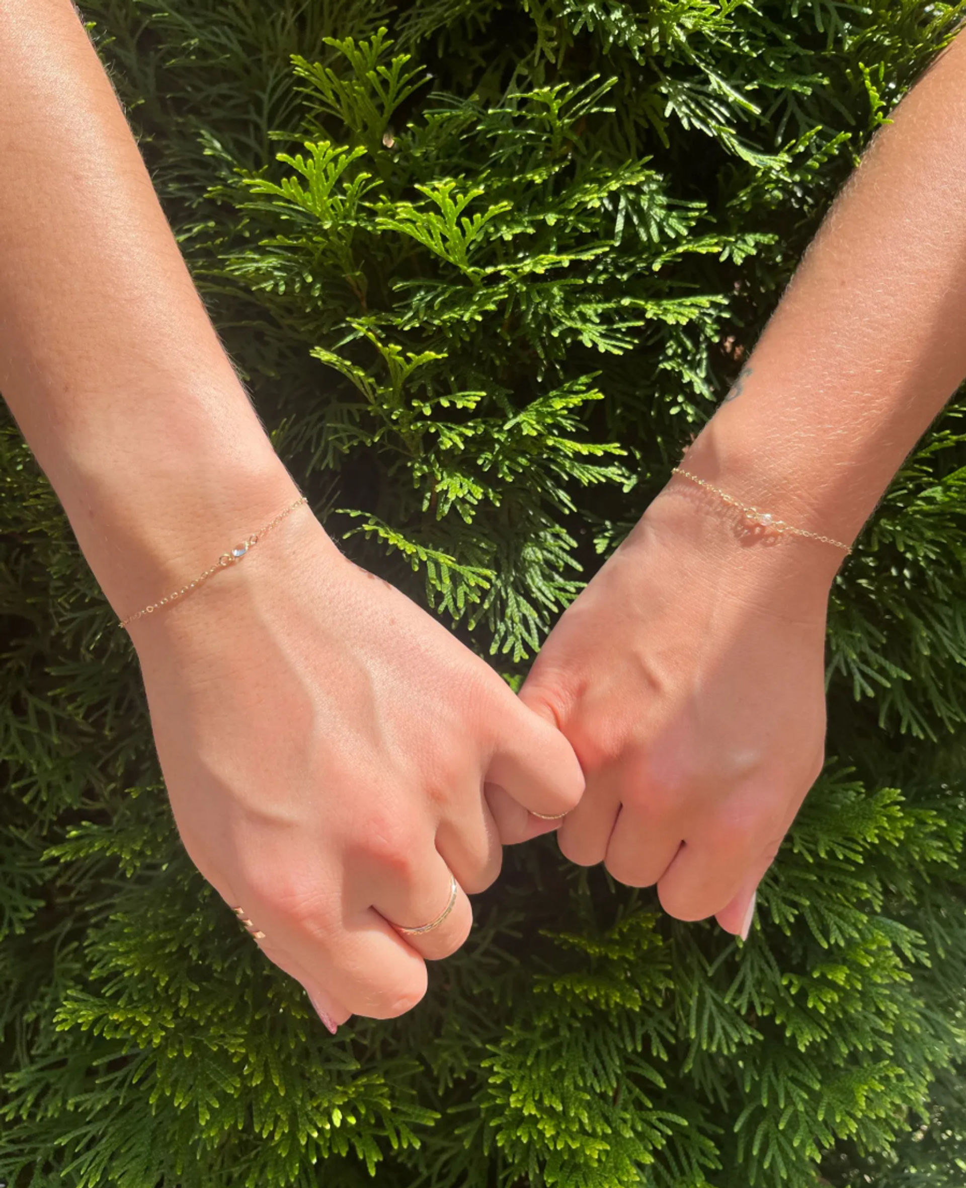 Close-up of two sunlit hands linked by pinkies wearing delicate gold chain bracelets and thin rings against green evergreen foliage, outdoor summer vibe