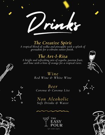 Black cocktail menu poster with a bold white "Drinks" heading, gold subheadings listing cocktails (The Creative Spirit, The Art‑I‑Rita), wine, beer (Corona & Corona Lite) and non‑alcoholic drinks, with white hand‑drawn guitar, drum set and wine glass illustrations and gold confetti accents.