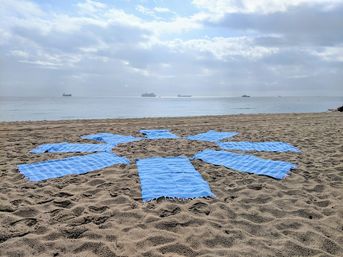 Blue towels arranged in a sunburst on a sandy beach facing a calm sea with cargo ships on the horizon under a cloudy sky