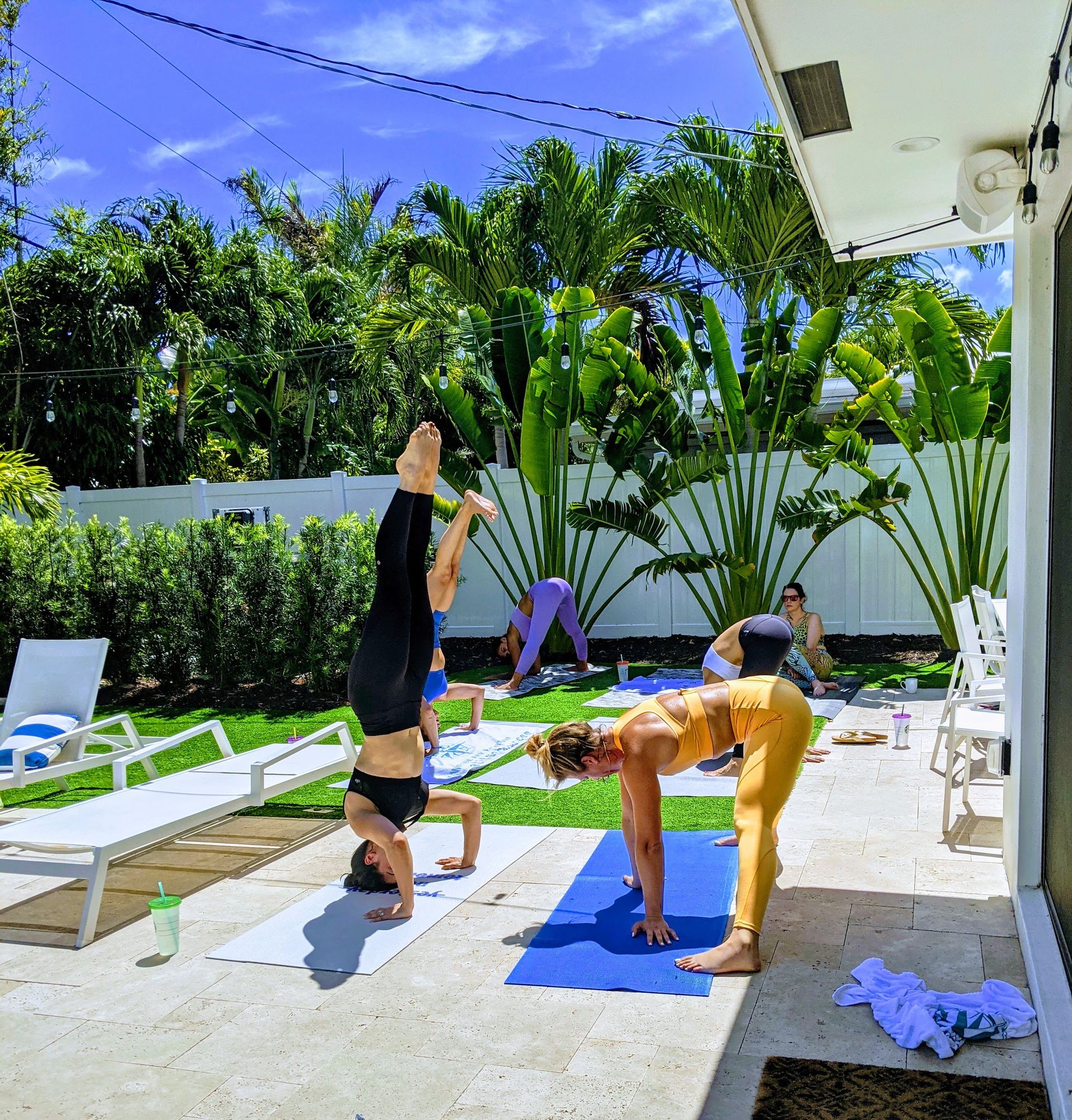 Sunny tropical backyard yoga session on a patio — participants on mats practicing headstands, forward folds and stretches beside palm trees and lounge chairs
