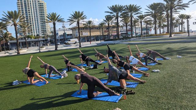 Group outdoor yoga class on blue mats on a sunny coastal park lawn, participants stretching in side poses among palm trees with nearby high-rise buildings and a promenade in the background.