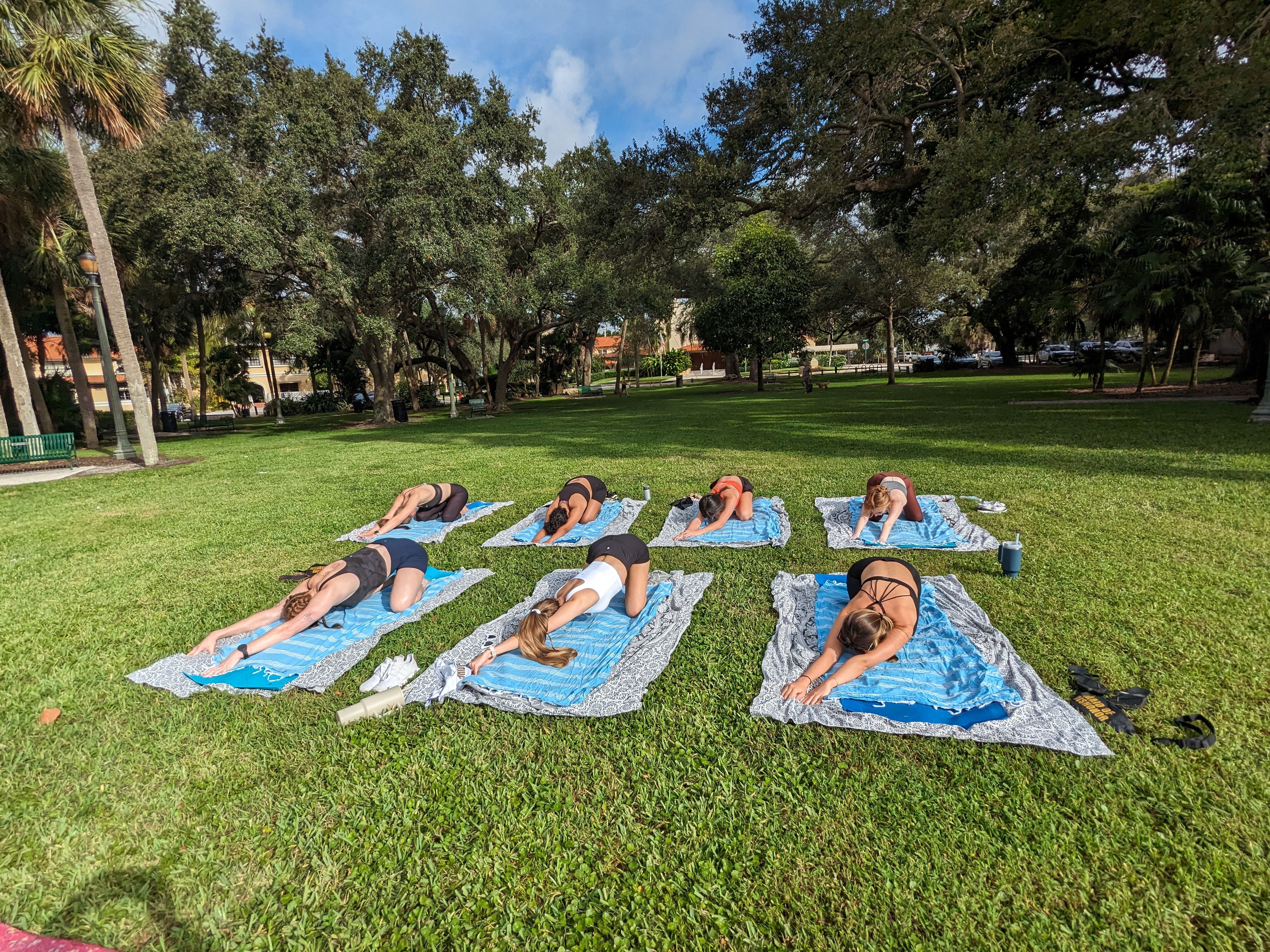 Group outdoor yoga class doing child's pose on blue towels across a sunny city park lawn beneath sprawling oak trees