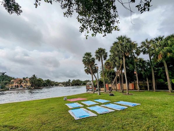 Tropical riverfront park with tall palm trees and a grid of blue and pink yoga mats laid on green grass beside a wide river under a cloudy sky