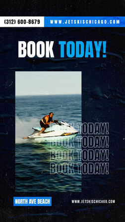 Thrilling jet ski rider speeding on Lake Michigan near Chicago's North Avenue Beach, promotional poster with bold "BOOK TODAY!" call-to-action.