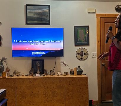 Person with long braids singing into a microphone during a cozy living room karaoke night, TV displaying song lyrics above a wood cabinet with crystals and wall art.