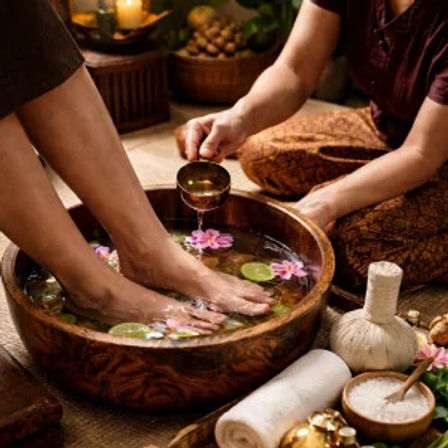 Feet soaking in a wooden bowl of floral water with floating pink lotus petals and lime slices, a hand pouring warm herbal oil; towels, salt bowl and herbal compress nearby for a relaxing spa foot soak and pampering treatment.