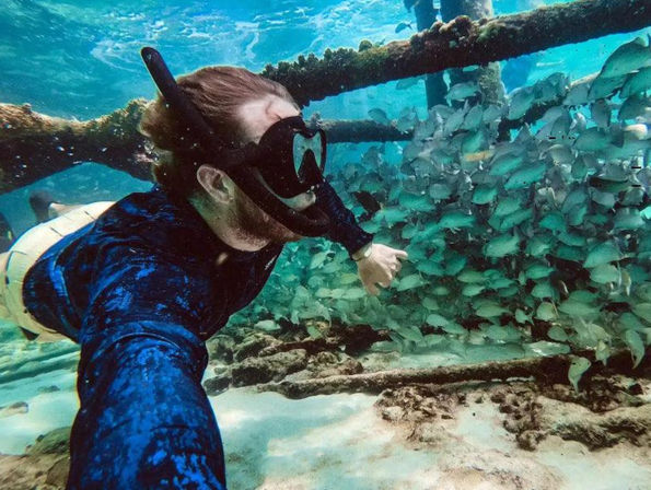 Snorkeler in a blue rash guard reaching toward a dense school of silver-green fish schooling around submerged reef beams over a sandy tropical sea floor