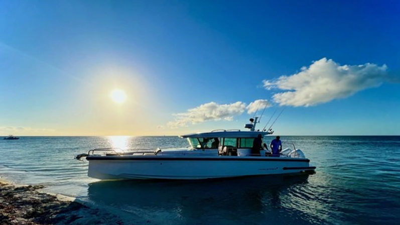 Sleek motorboat with fishing rods anchored near a sandy shoreline at sunset, sun glittering across calm blue ocean under a bright sky with a drifting cloud.