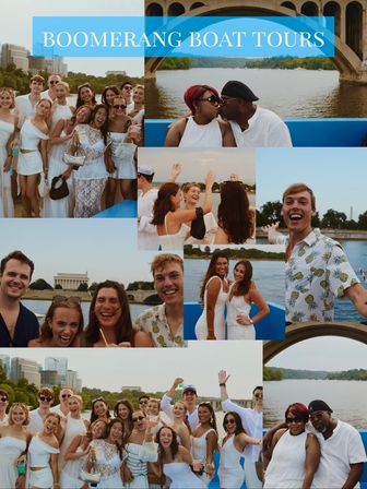 Collage of smiling young adults in white outfits enjoying a sunny urban riverboat tour — cheering, posing and sharing a kiss beneath a stone arch bridge with a city skyline and riverside memorial in the background.